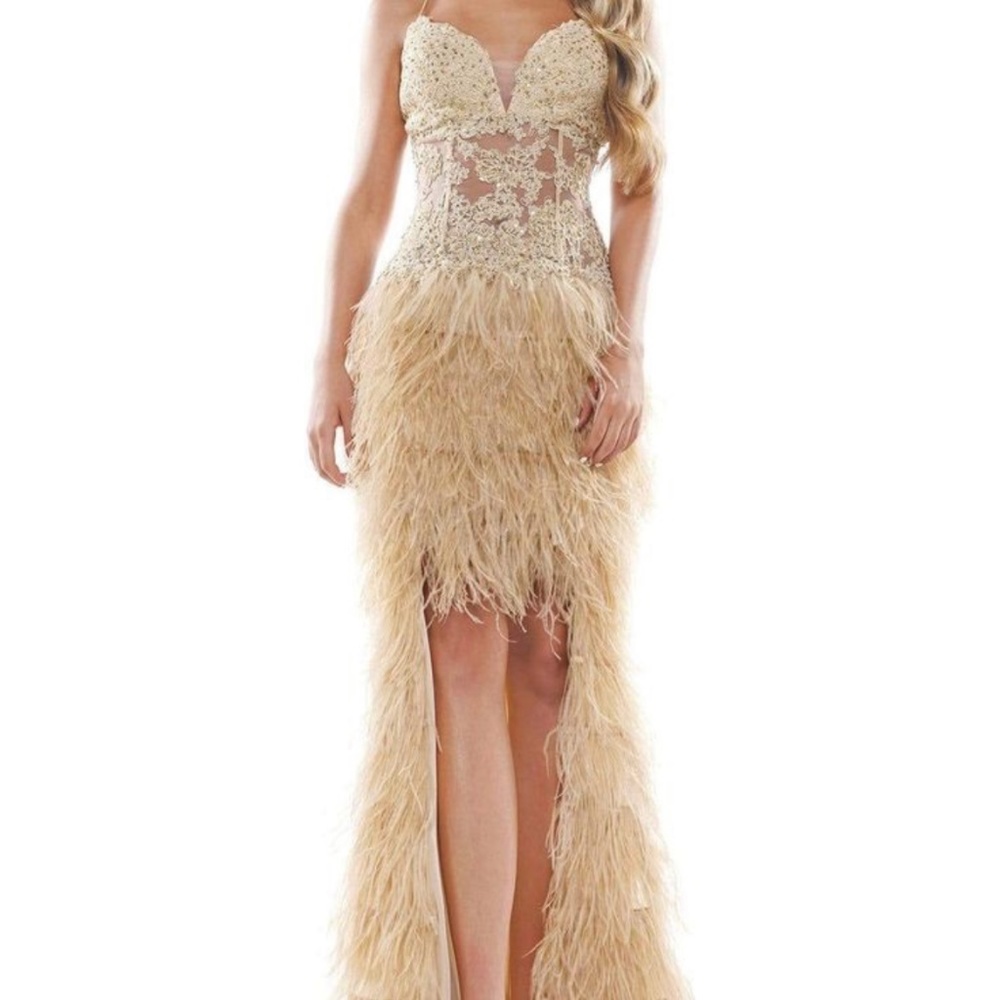 COLORS COUTURE Feathered High Low Dress